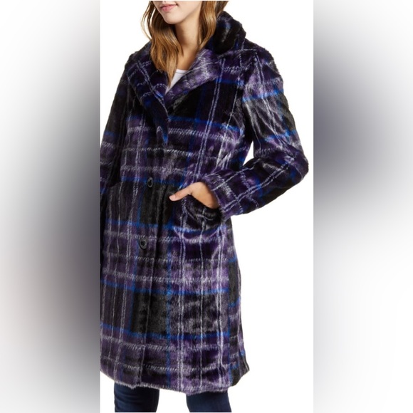 Sam Edelman blanket plaid faux fur coat - Picture 1 of 4